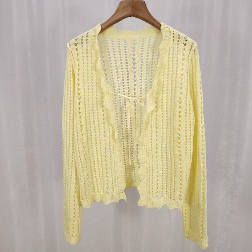 V-Neck Pointelle Knit Lace-Up Cardigan