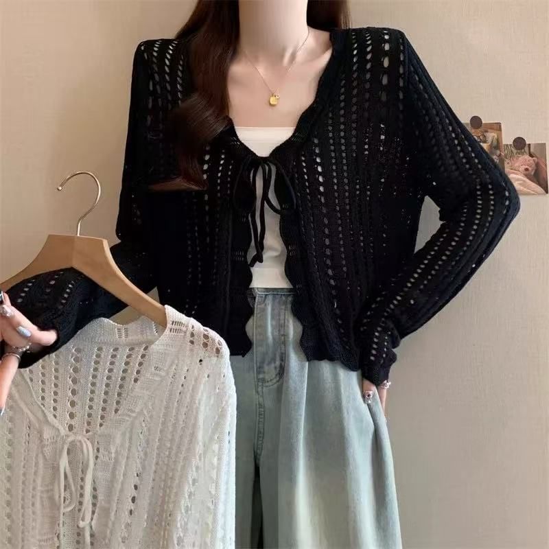 V-Neck Pointelle Knit Lace-Up Cardigan