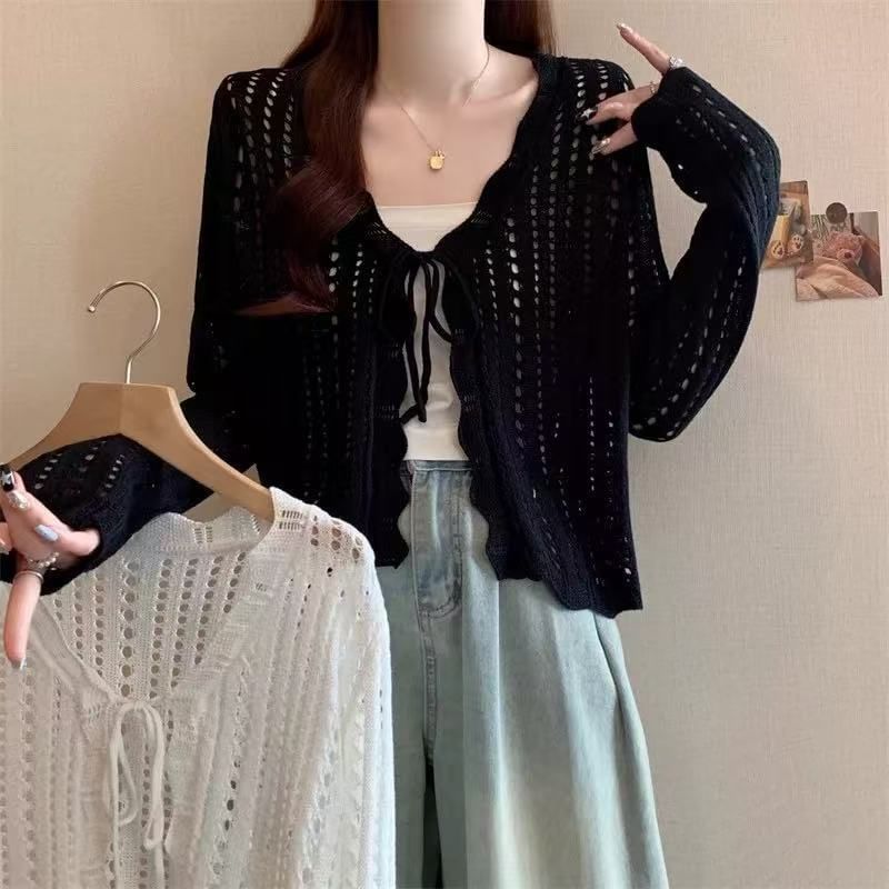 V-Neck Pointelle Knit Lace-Up Cardigan