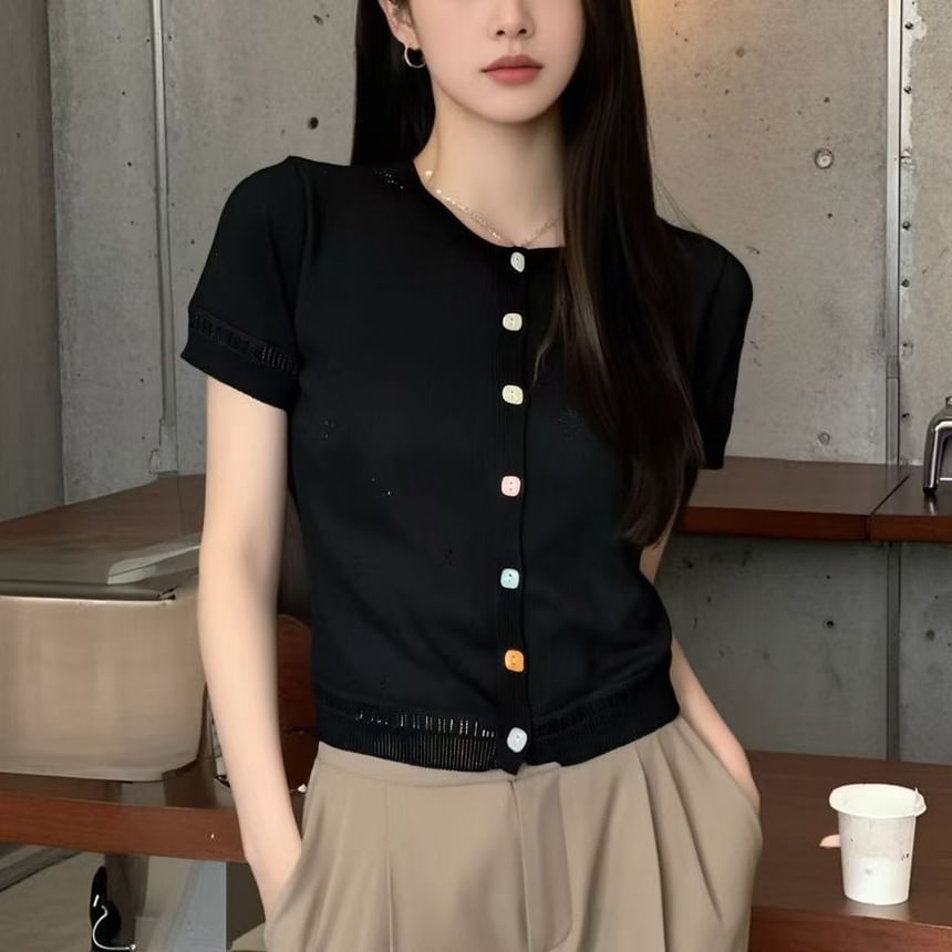 Short Sleeve Pointelle Knit Cardigan