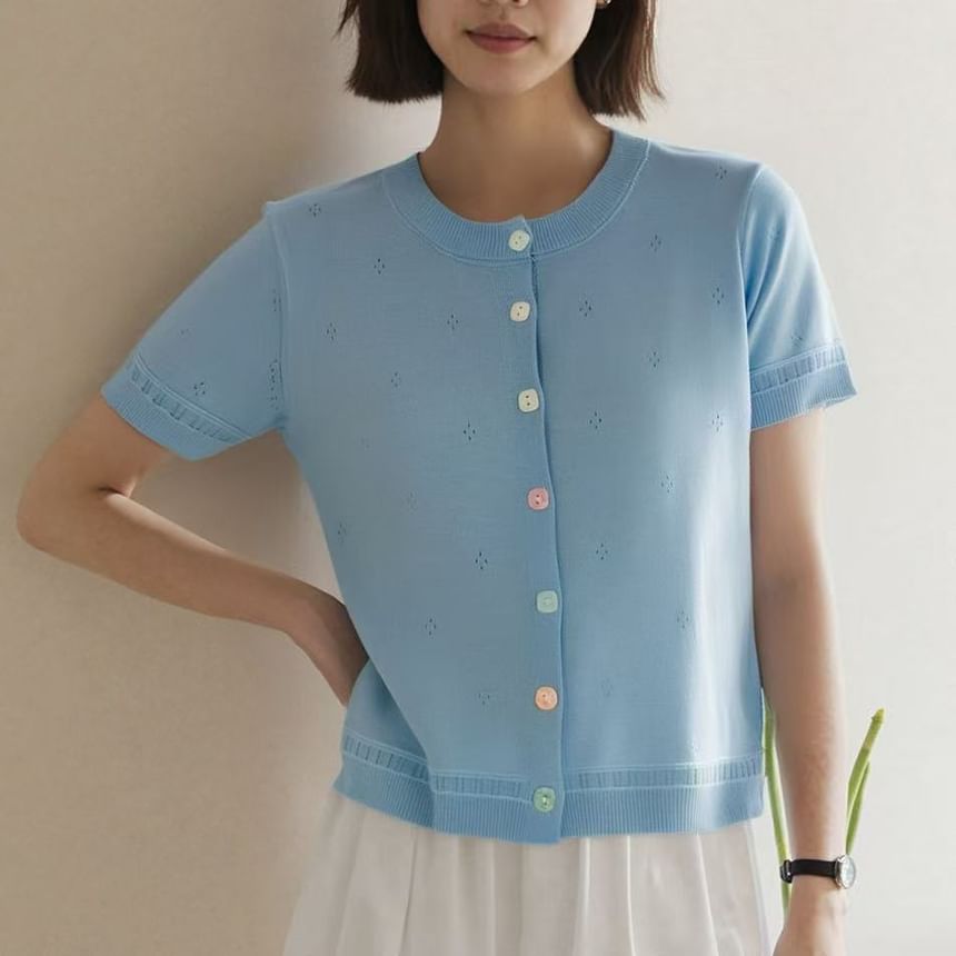 Short Sleeve Pointelle Knit Cardigan