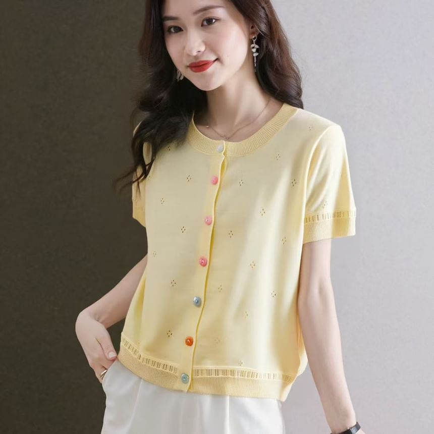 Short Sleeve Pointelle Knit Cardigan