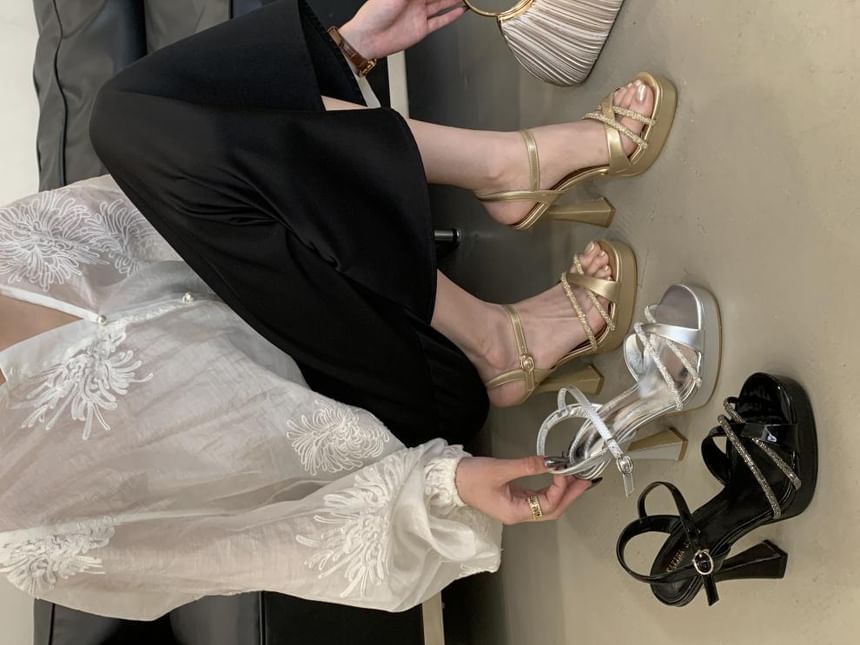Block Heel Rhinestone Plain Sandals