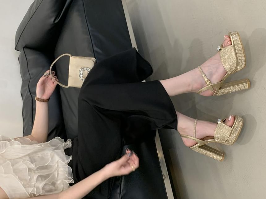 Block Heel Glitter Slide Sandals