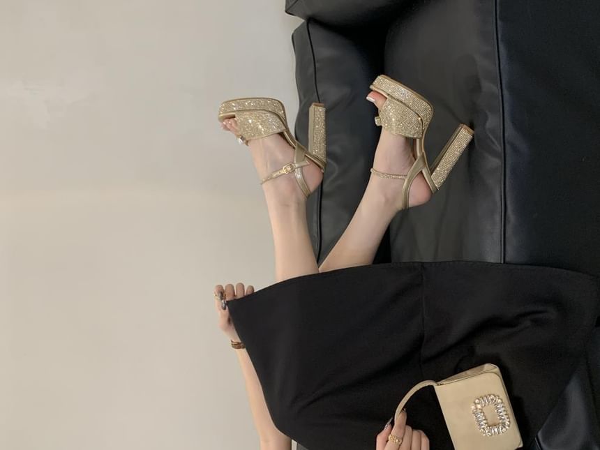 Block Heel Glitter Slide Sandals
