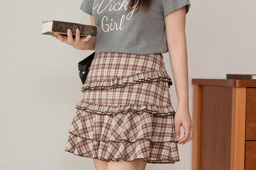 Plaid Ruffled Mini Skirt with High-Waist Silhouette