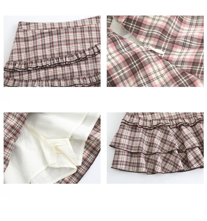 Plaid Ruffled Mini Skirt with High-Waist Silhouette