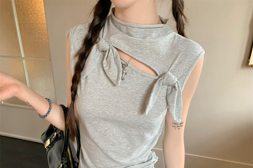 Mock Neck Cutout Top & Plaid Pleated Mini Skirt Set