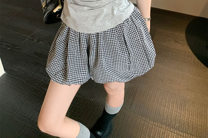 Mock Neck Cutout Top & Plaid Pleated Mini Skirt Set
