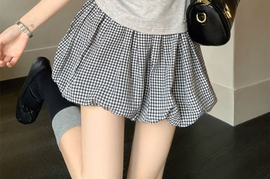 Mock Neck Cutout Top & Plaid Pleated Mini Skirt Set