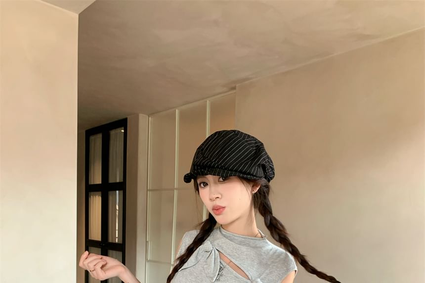 Mock Neck Cutout Top & Plaid Pleated Mini Skirt Set