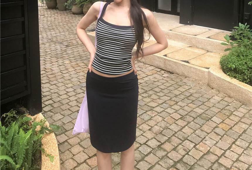 Strappy Scoop-Neck Striped Camisole with High-Waisted Pencil Skirt