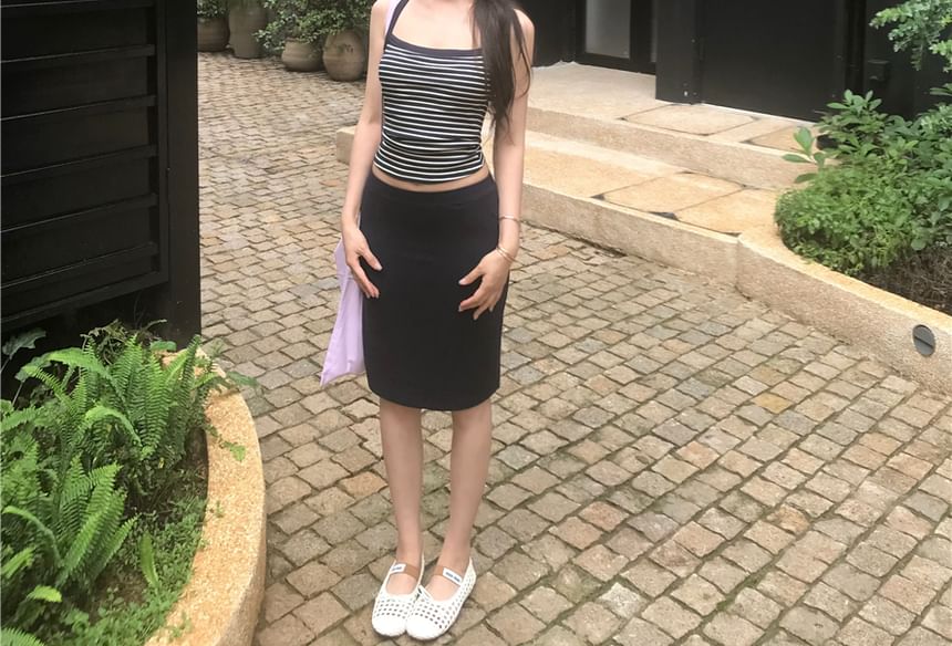 Strappy Scoop-Neck Striped Camisole with High-Waisted Pencil Skirt