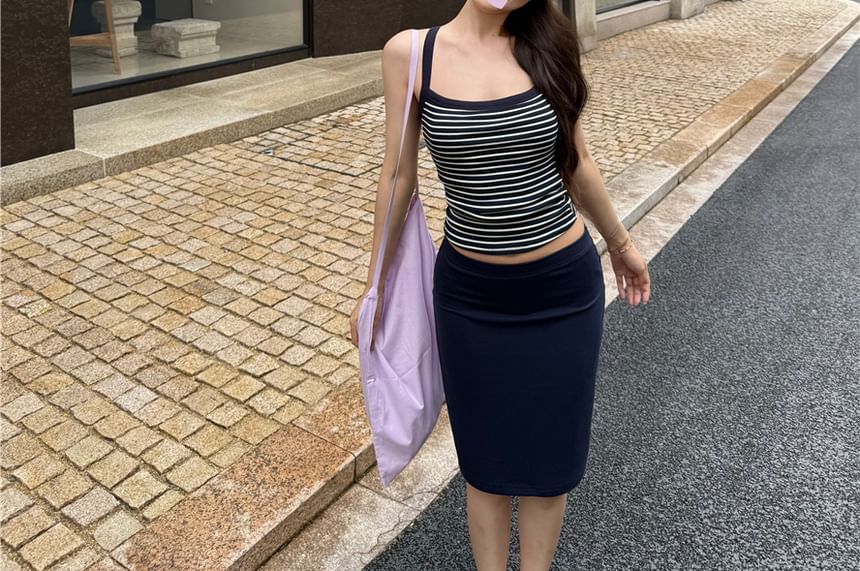 Strappy Scoop-Neck Striped Camisole with High-Waisted Pencil Skirt
