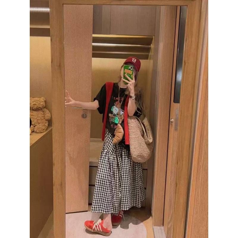 Plaid Maxi Skirt with High-Waist Flared Cut