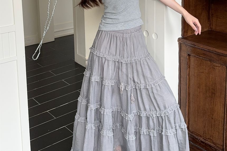 Off-Shoulder Fitted Tank with Ruffled Trim and Drawstring Maxi Skirt
