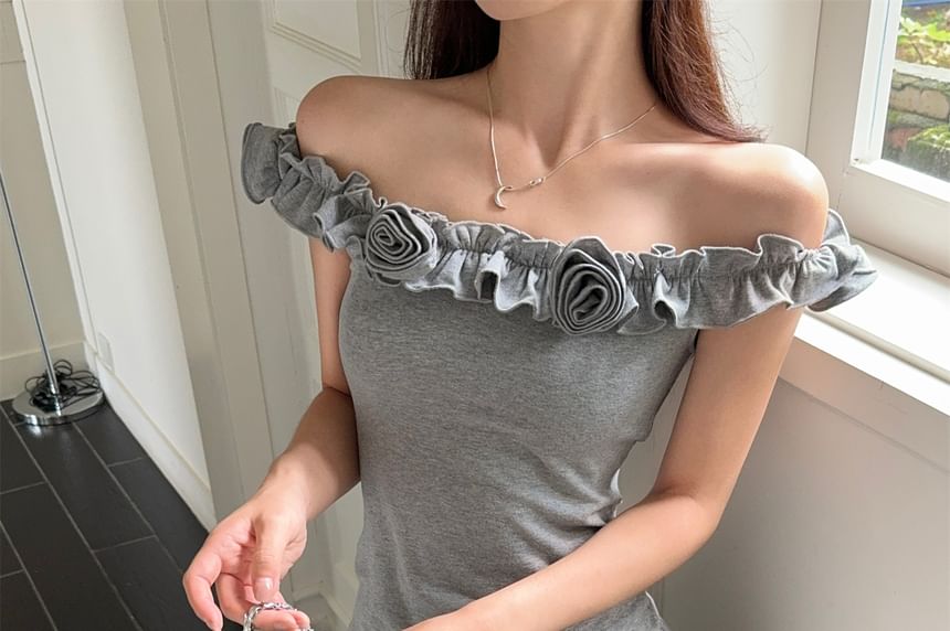 Off-Shoulder Fitted Tank with Ruffled Trim and Drawstring Maxi Skirt