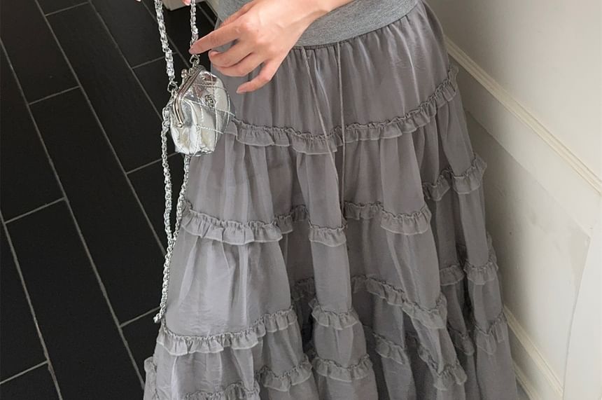 Off-Shoulder Fitted Tank with Ruffled Trim and Drawstring Maxi Skirt