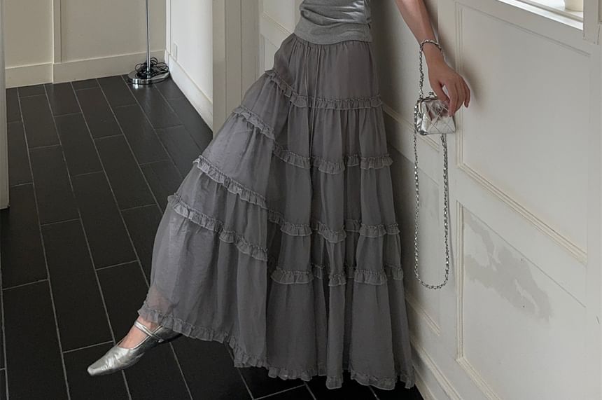 Off-Shoulder Fitted Tank with Ruffled Trim and Drawstring Maxi Skirt