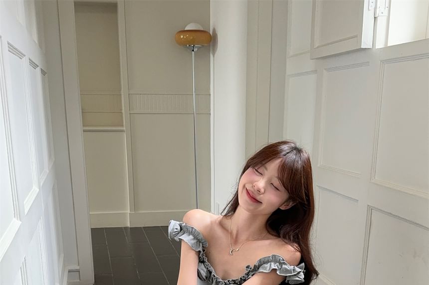 Off-Shoulder Fitted Tank with Ruffled Trim and Drawstring Maxi Skirt