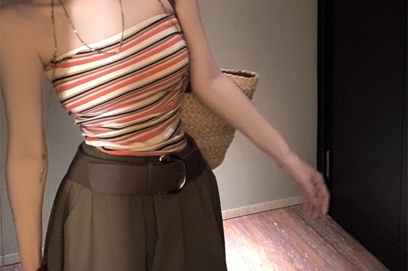Striped Fitted Tube Top with Midi A-Line Skirt and Belt