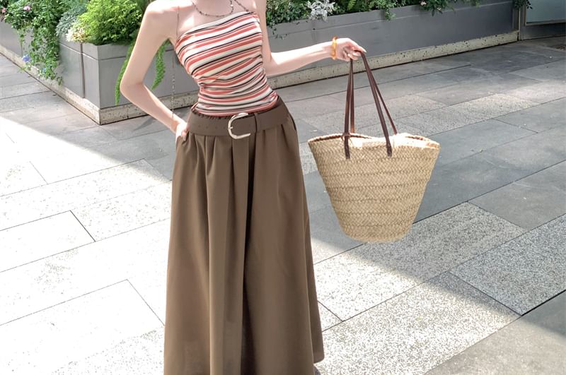 Striped Fitted Tube Top with Midi A-Line Skirt and Belt