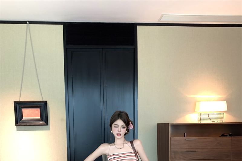 Striped Fitted Tube Top with Midi A-Line Skirt and Belt