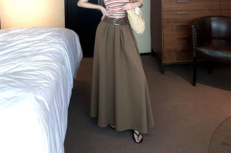 Striped Fitted Tube Top with Midi A-Line Skirt and Belt