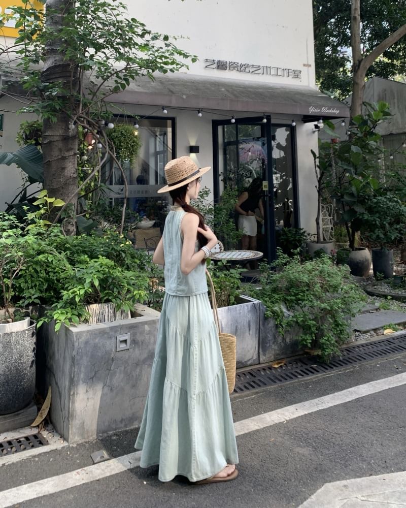 Denim Contrast Button Tank with Tiered Maxi Skirt