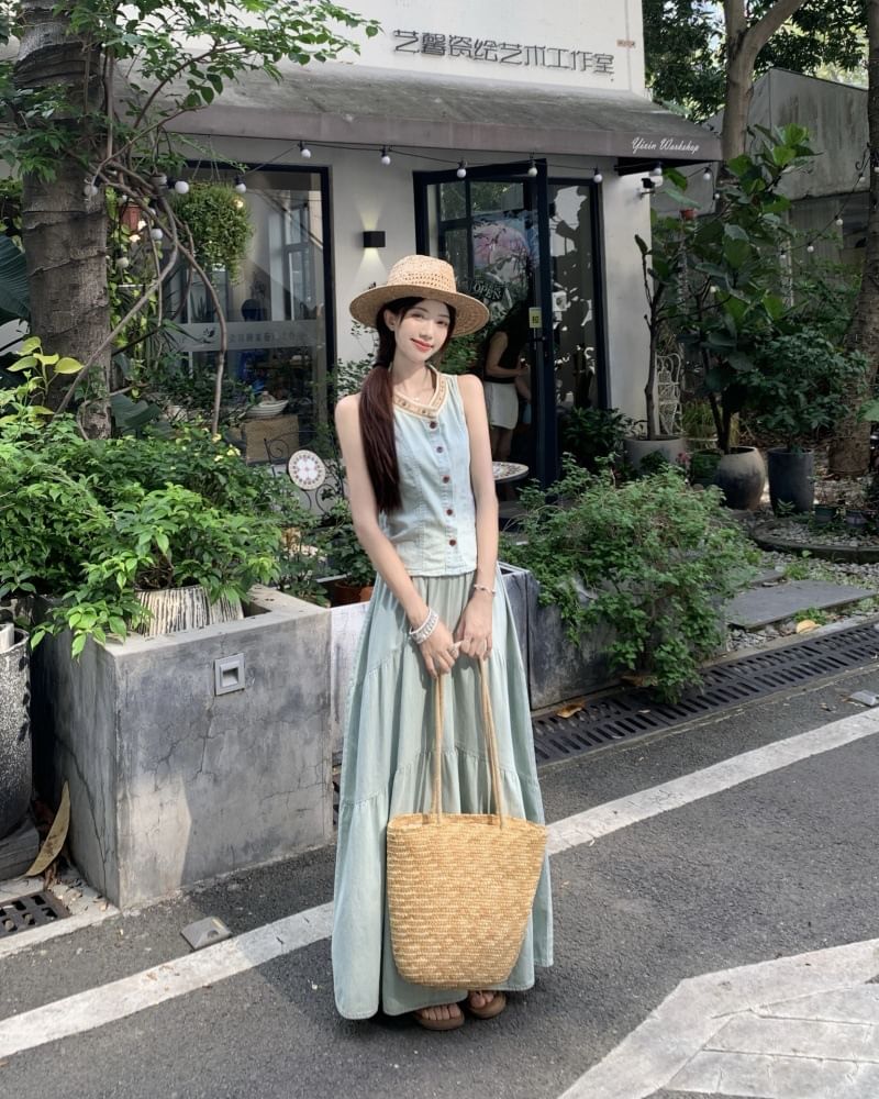 Denim Contrast Button Tank with Tiered Maxi Skirt