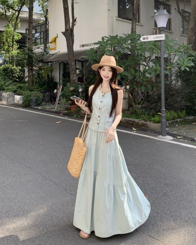 Denim Contrast Button Tank with Tiered Maxi Skirt