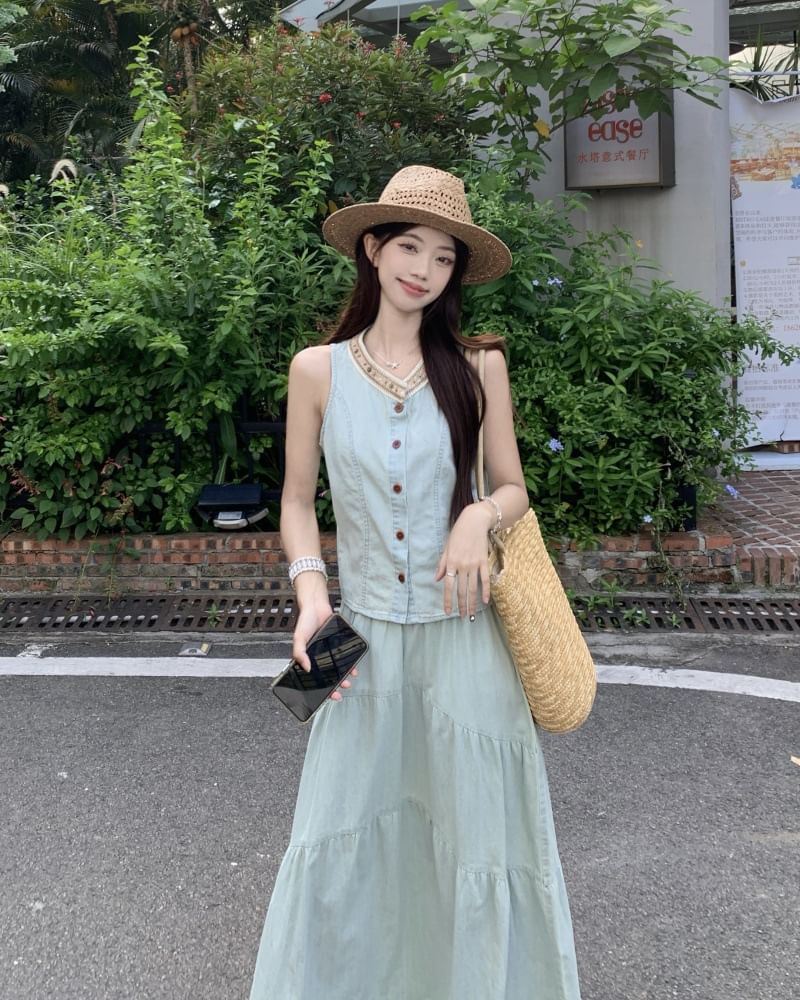 Denim Contrast Button Tank with Tiered Maxi Skirt