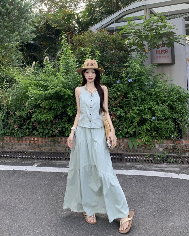 Denim Contrast Button Tank with Tiered Maxi Skirt