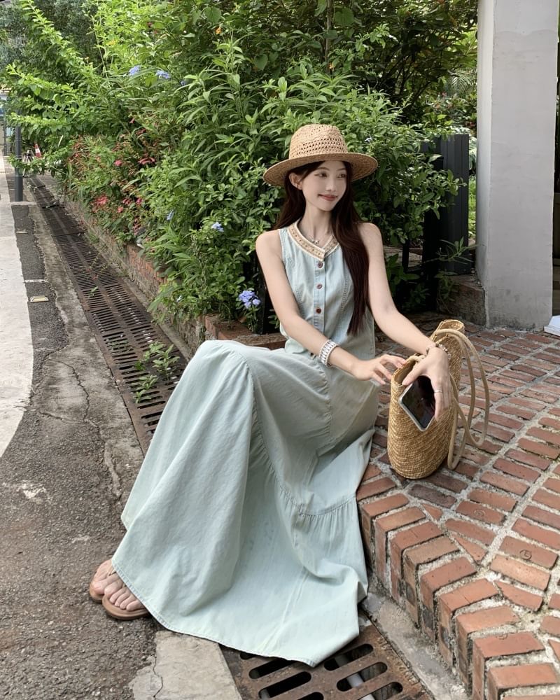 Denim Contrast Button Tank with Tiered Maxi Skirt