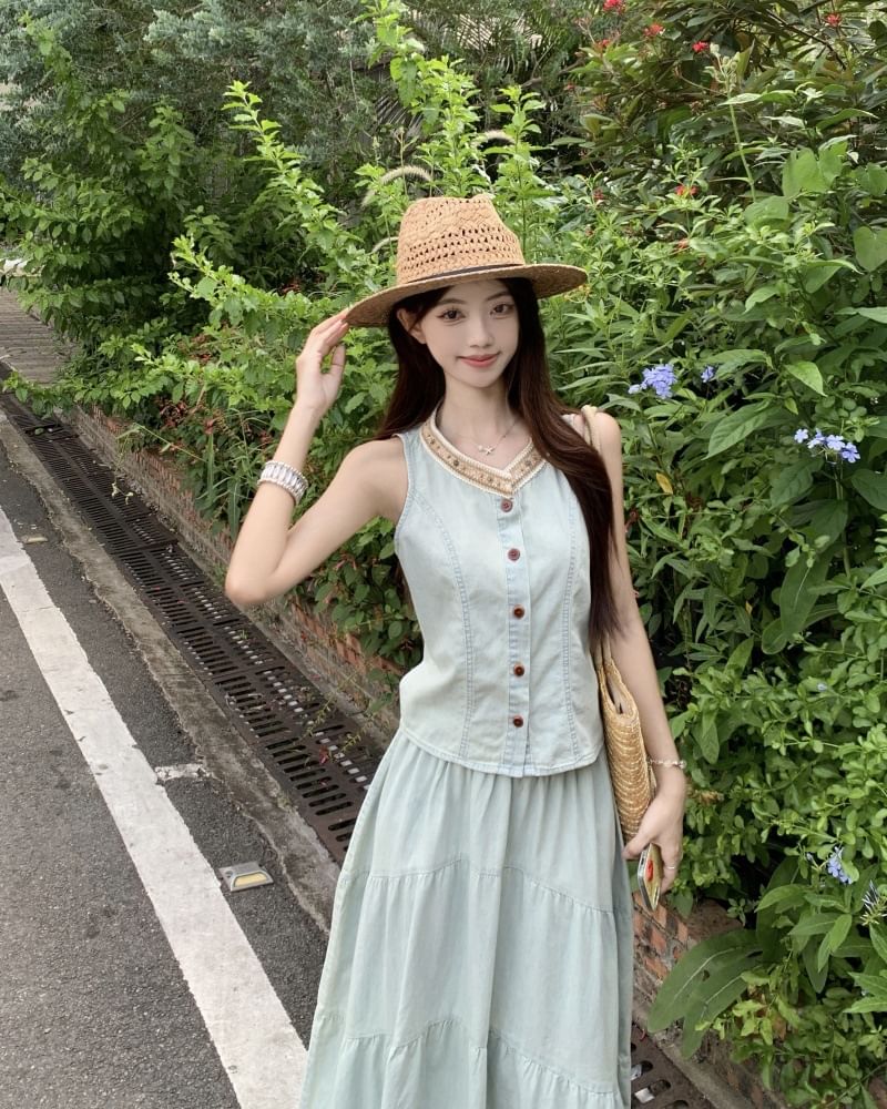 Denim Contrast Button Tank with Tiered Maxi Skirt