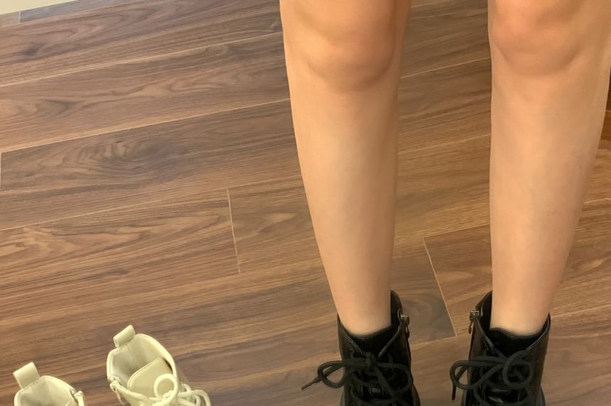 Hidden Wedge Buckled Lace-Up Faux Leather Short Boots