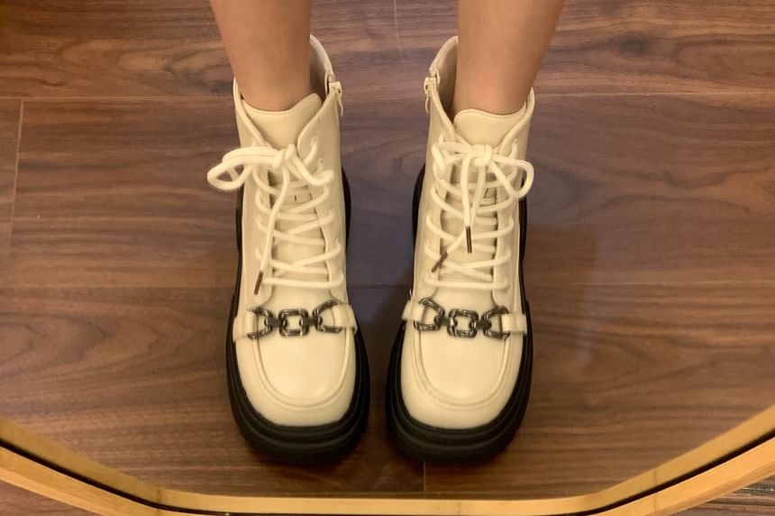 Hidden Wedge Buckled Lace-Up Faux Leather Short Boots