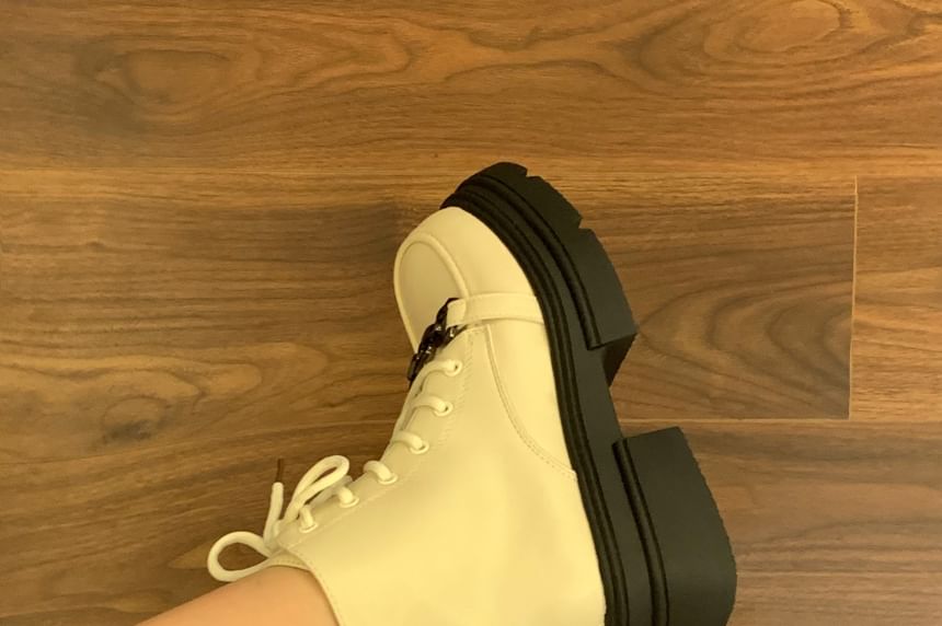 Hidden Wedge Buckled Lace-Up Faux Leather Short Boots