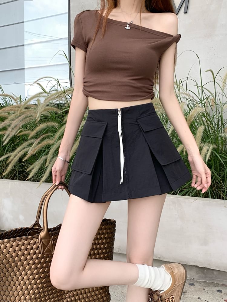 Cargo Mini Skirt with Plain Fabric and High Waist
