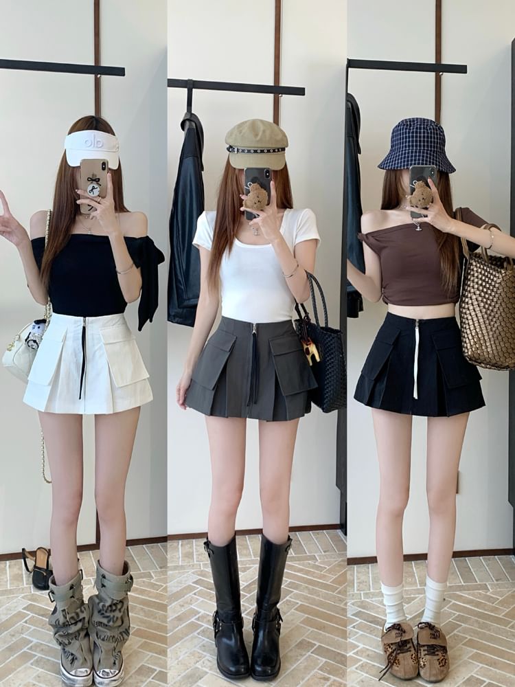 Cargo Mini Skirt with Plain Fabric and High Waist