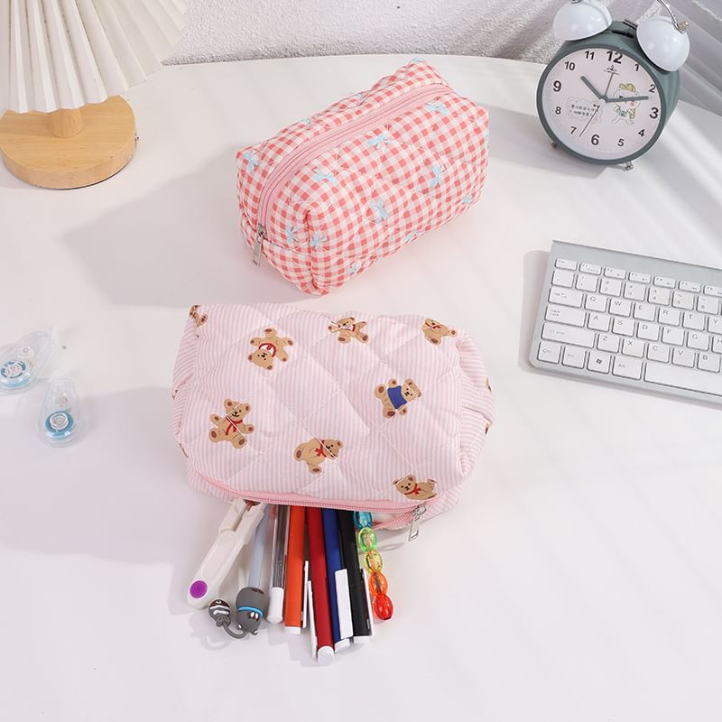 Bear/ Bow Plaid Fabric Makeup Bag
