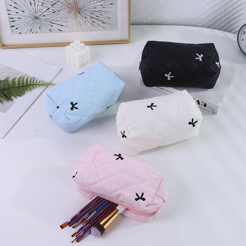 Bow Embroidered Fabric Makeup Bag
