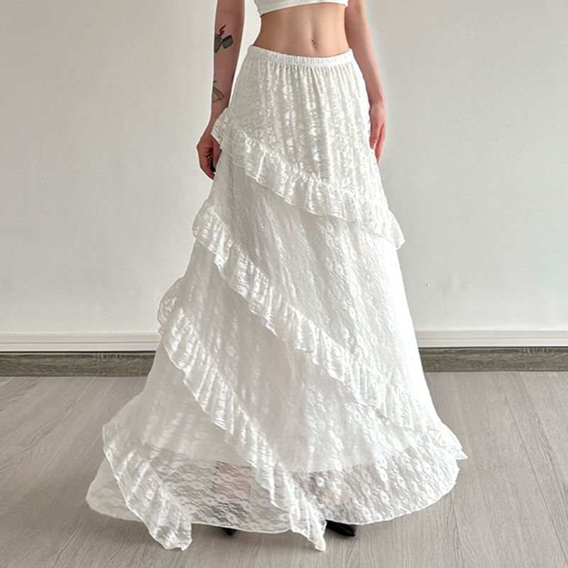 Lace Trim Maxi Skirt - Elastic Waist