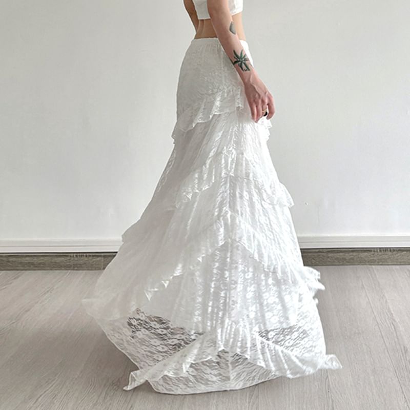 Lace Trim Maxi Skirt - Elastic Waist