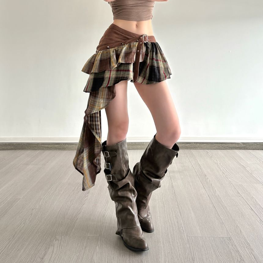 Plaid Panel Buckled Mini Skirt - Asymmetrical