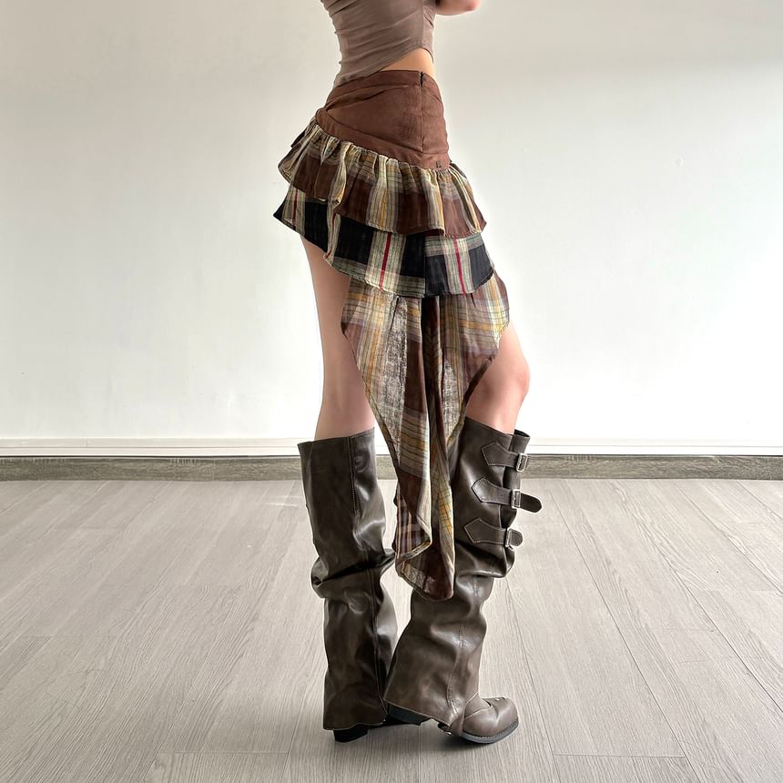 Plaid Panel Buckled Mini Skirt - Asymmetrical