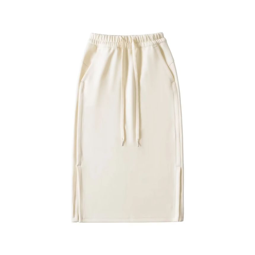 Side-Slit Midi Pencil Skirt with Adjustable Drawstring