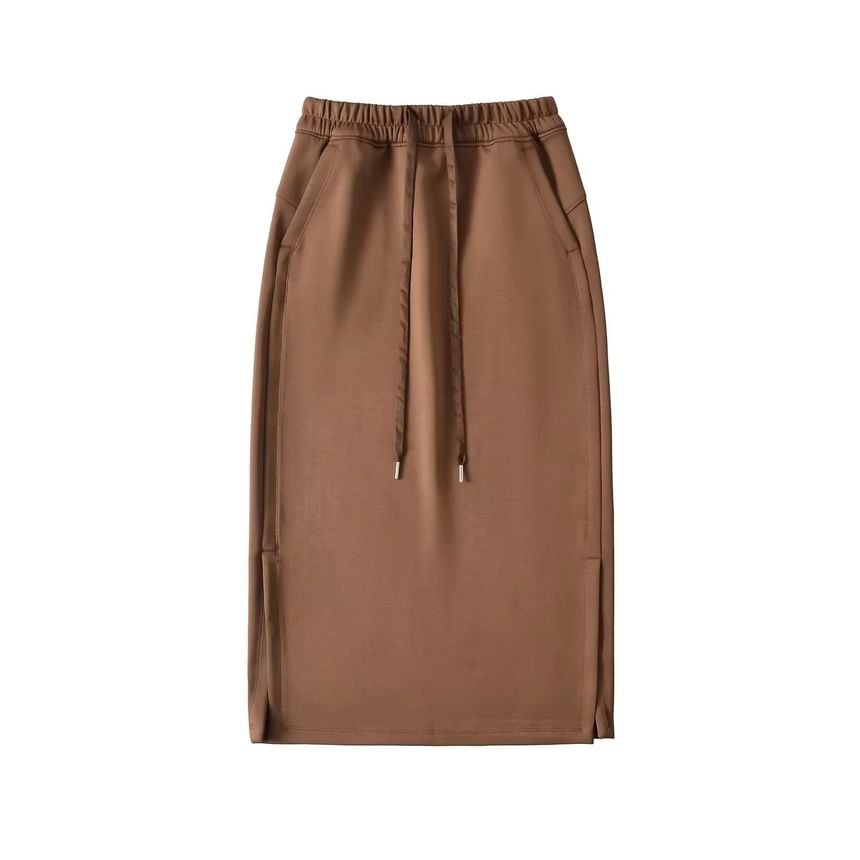 Side-Slit Midi Pencil Skirt with Adjustable Drawstring