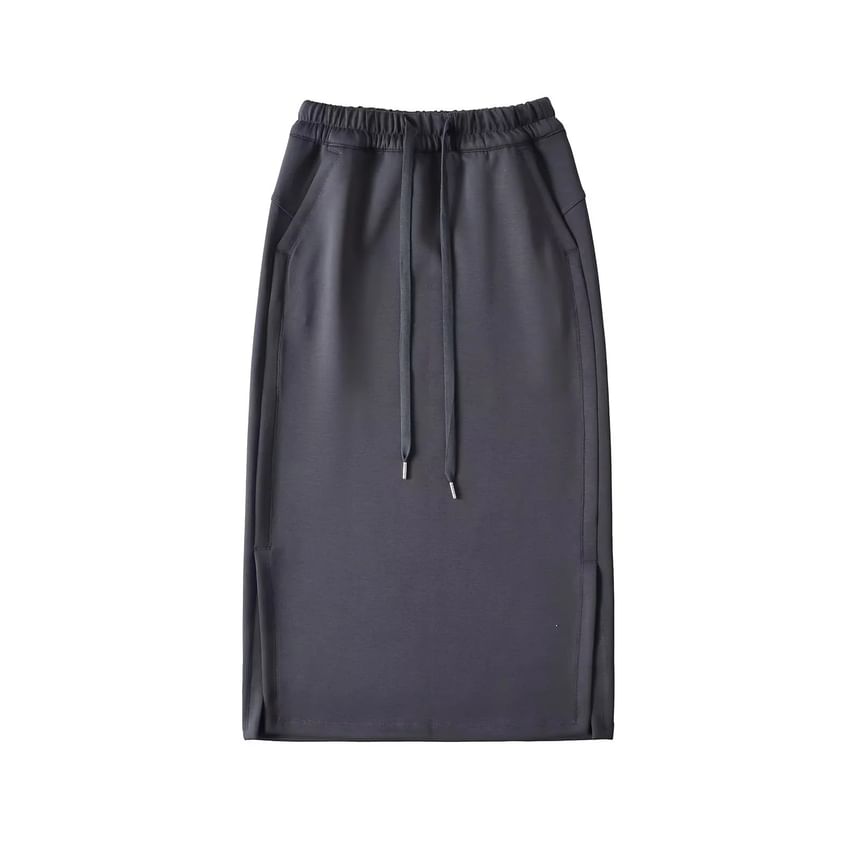 Side-Slit Midi Pencil Skirt with Adjustable Drawstring
