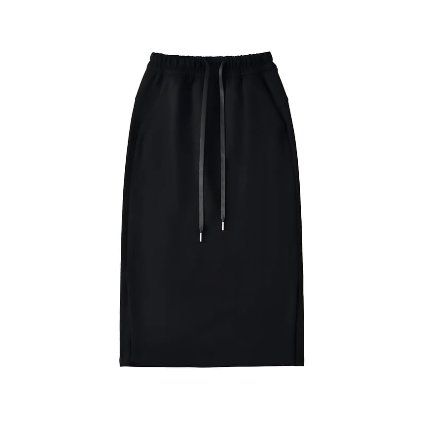 Side-Slit Midi Pencil Skirt with Adjustable Drawstring
